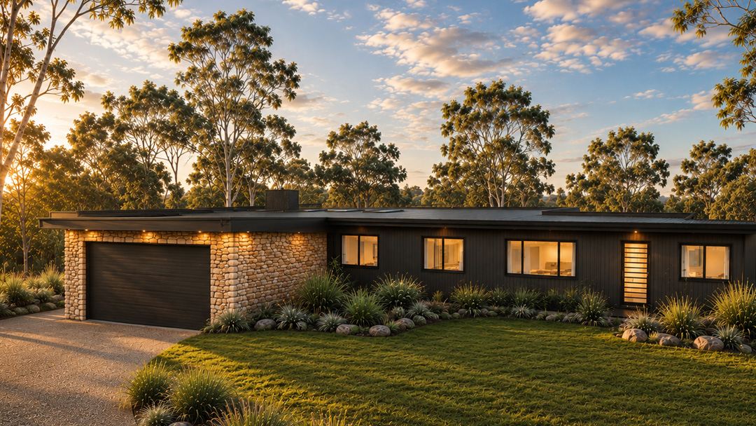 Single-storey custom home design at dusk with stone and dark cladding