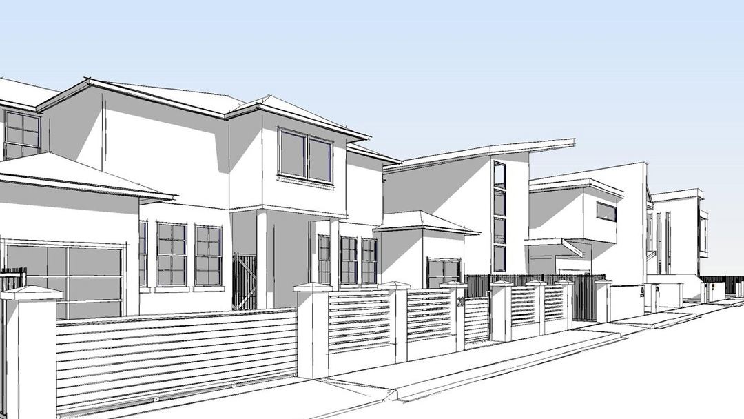 Line-drawn streetscape model of a two-storey residential development prepared for approval documentation