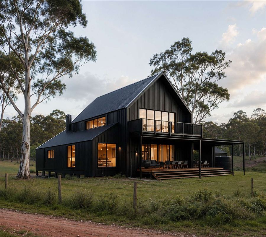 Black barn-style two-storey rural home design lit at dusk