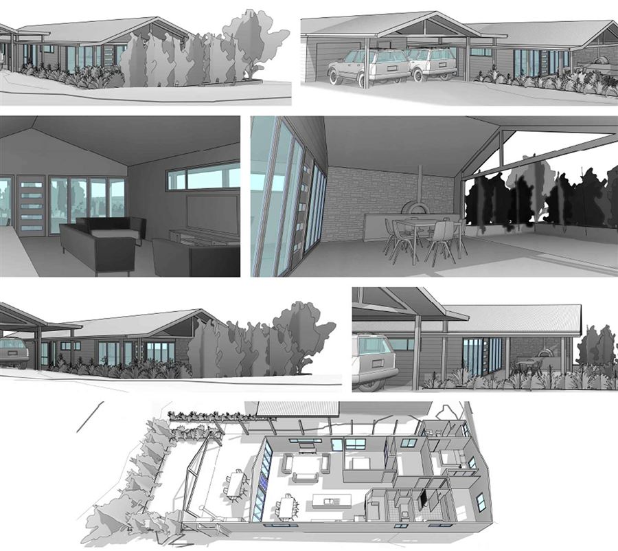 Concept design sheet showing street views, interiors and a cutaway floor plan
