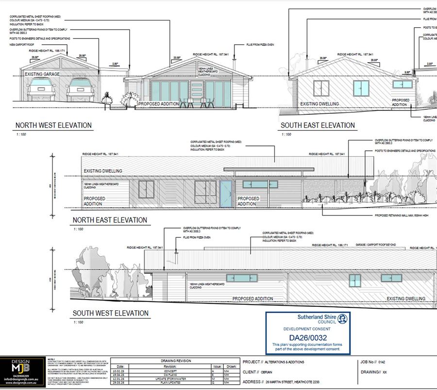 DA elevation drawings stamped with Sutherland Shire Council development consent