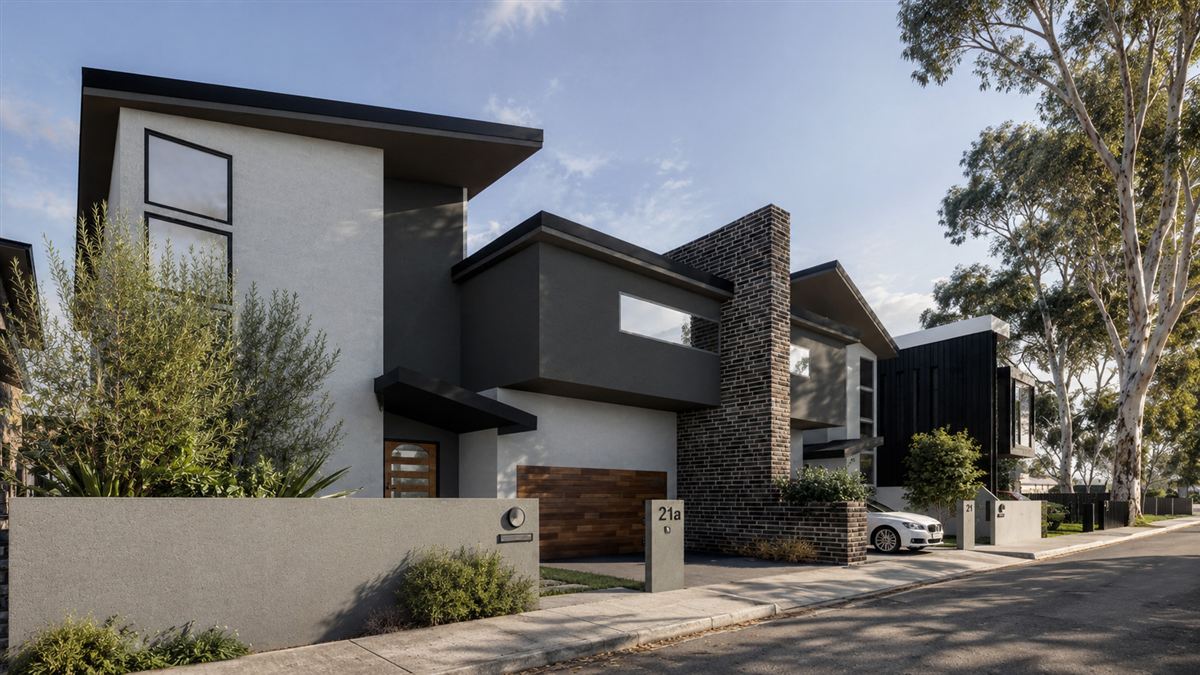 Streetscape render of a dual occupancy development with rendered, brick and timber facades