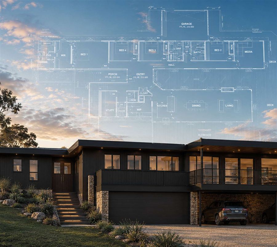 Home design with its floor plan overlaid against the evening sky