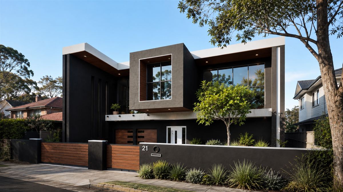 Two-storey contemporary home with rendered charcoal facade, timber accents and cantilevered window box