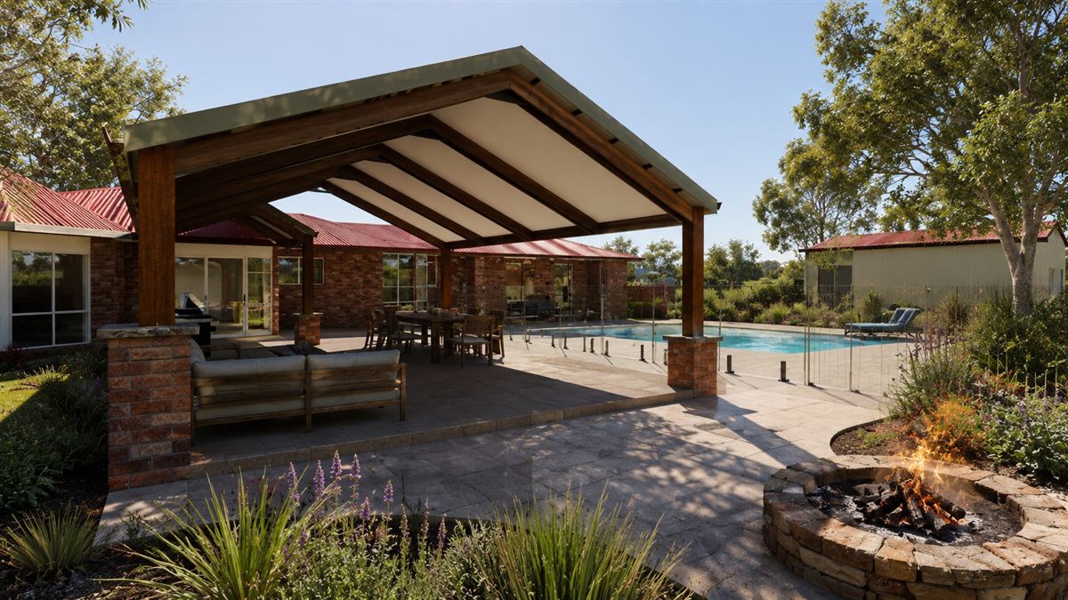 Gabled pergola with outdoor kitchen and dining beside a pool and stone fire pit