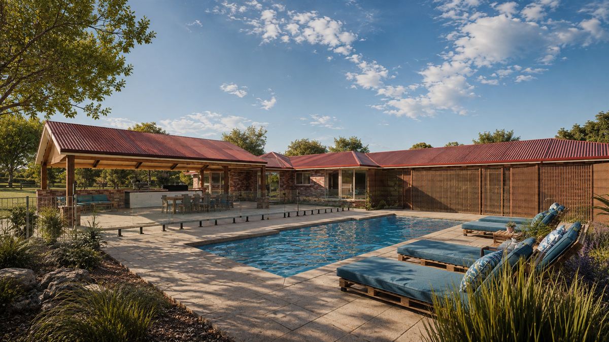 Rural brick home with red roof, swimming pool, poolside loungers and covered alfresco
