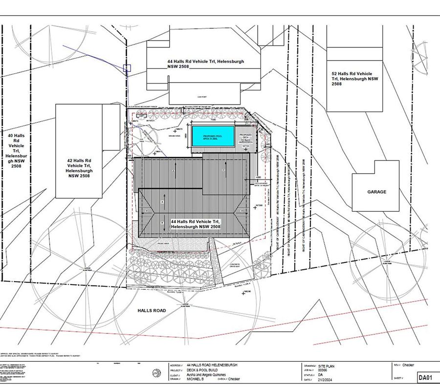 Site plan for a pool and deck development application in Helensburgh