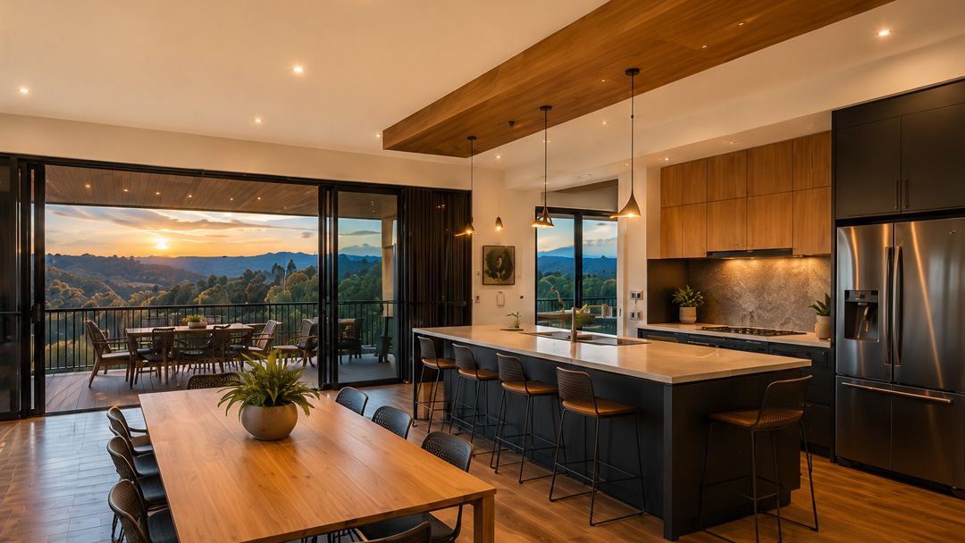 Photorealistic 3D render of an open-plan kitchen and dining area opening onto a balcony at sunset